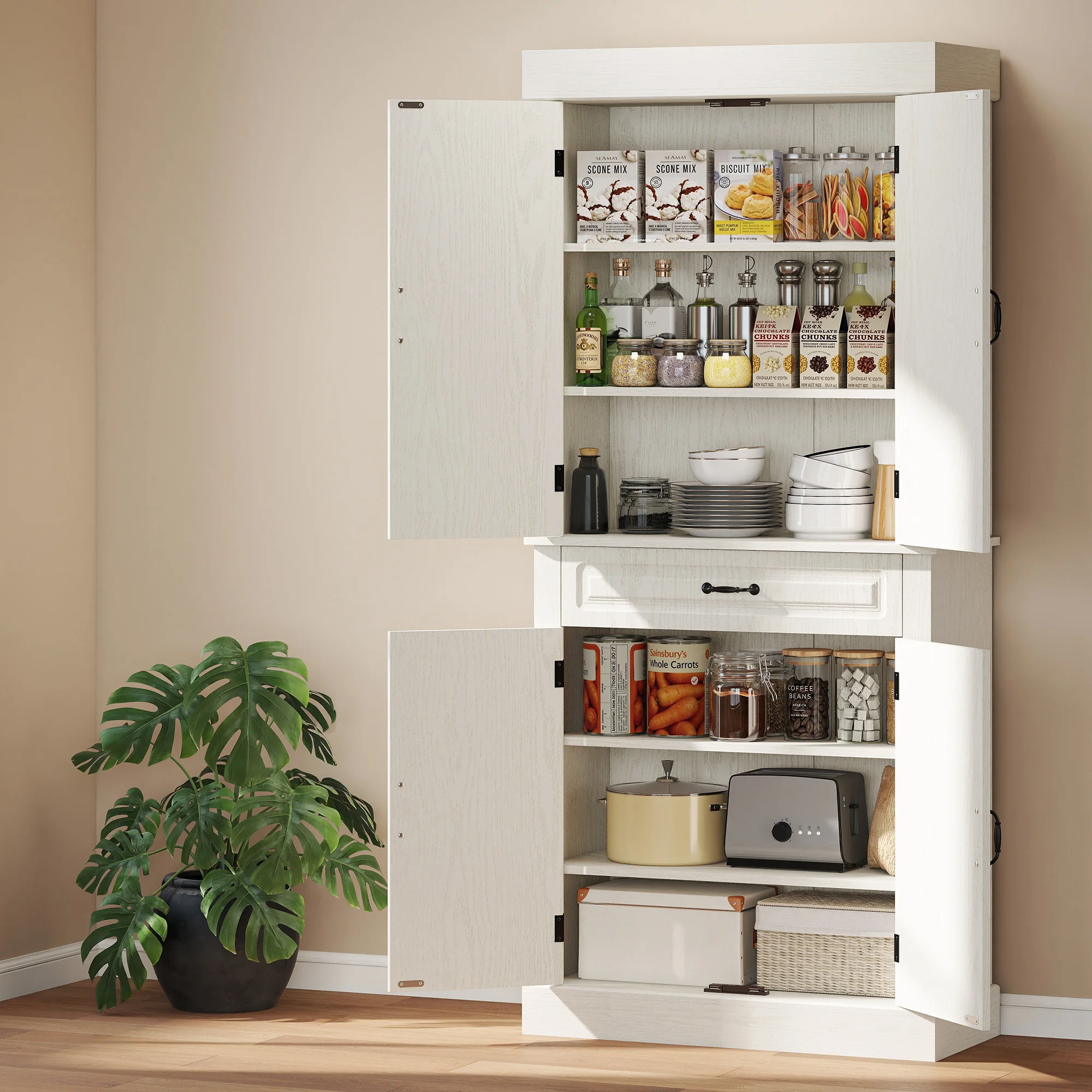 HOMCOM 180cm Kitchen Pantry Storage Cabinet Server Food Organizer, White
