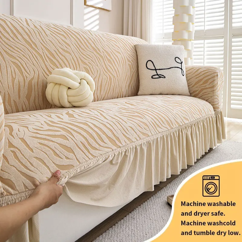 1PC-All-inclusive fleece skirt style sofa cover, straight-row integrated anti-slip living room sofa cover