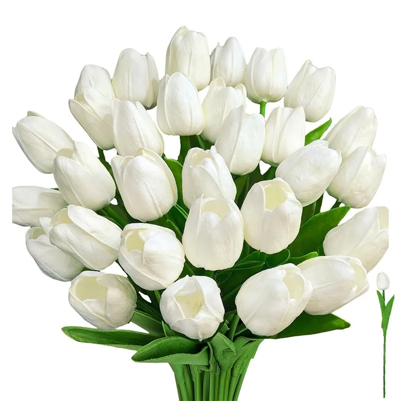 

20 Pcs White Fake Tulips Artificial Flowers Real Touch PU Faux Tulips Flowers for Home Wedding Decor