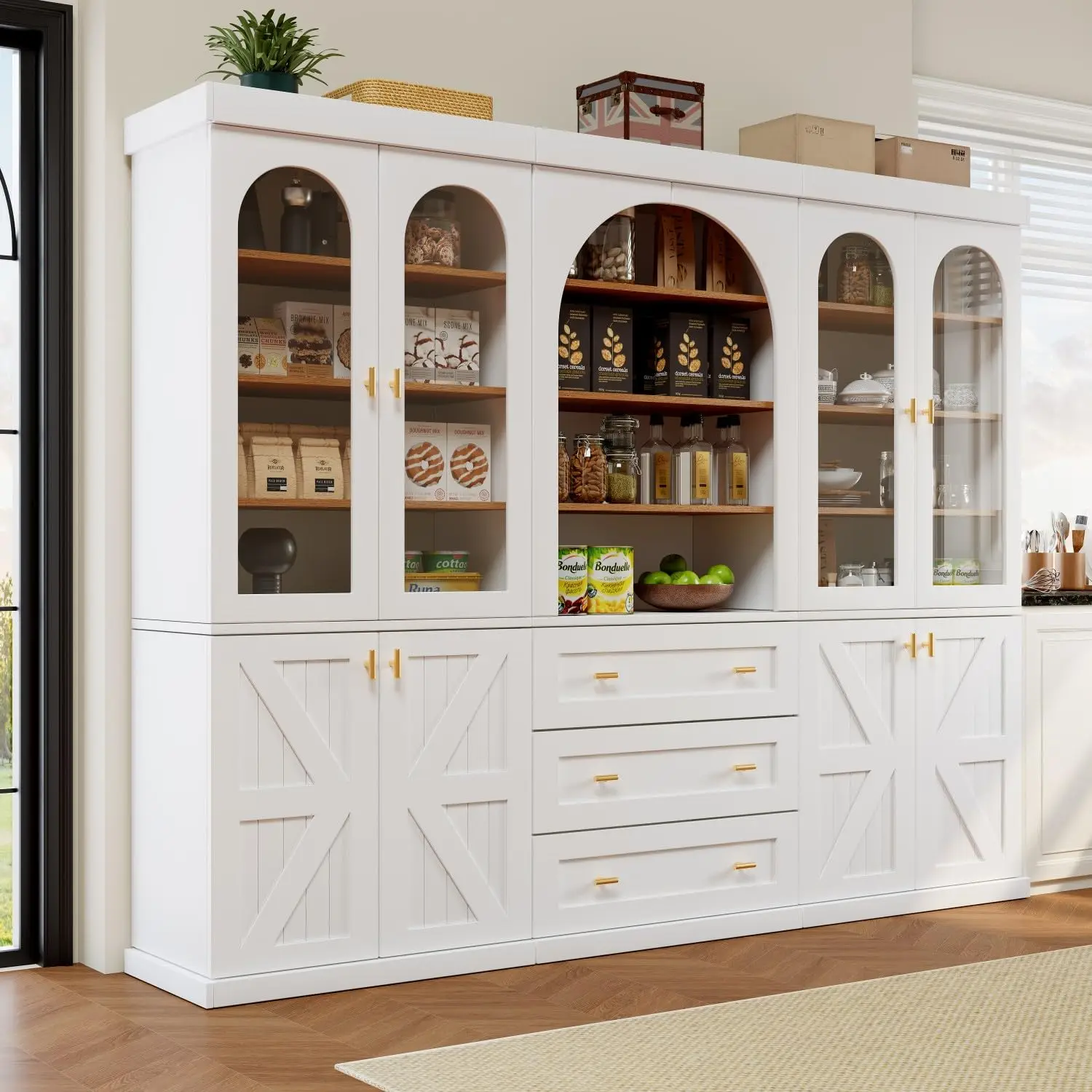 

71" Tall Wooden Pantry Cabinet Set 3 Glass Doors Adjustable Shelves 3 Drawers Dining Living Room Storage White Customized