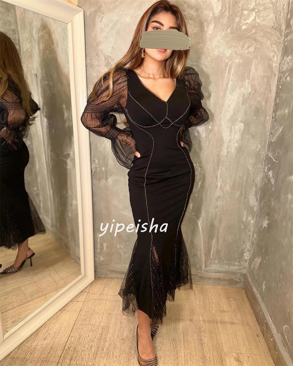 Jiayigong vestido de noche plisado con lentejuelas, traje Midi de sirena con cuello en V para fiesta, a medida