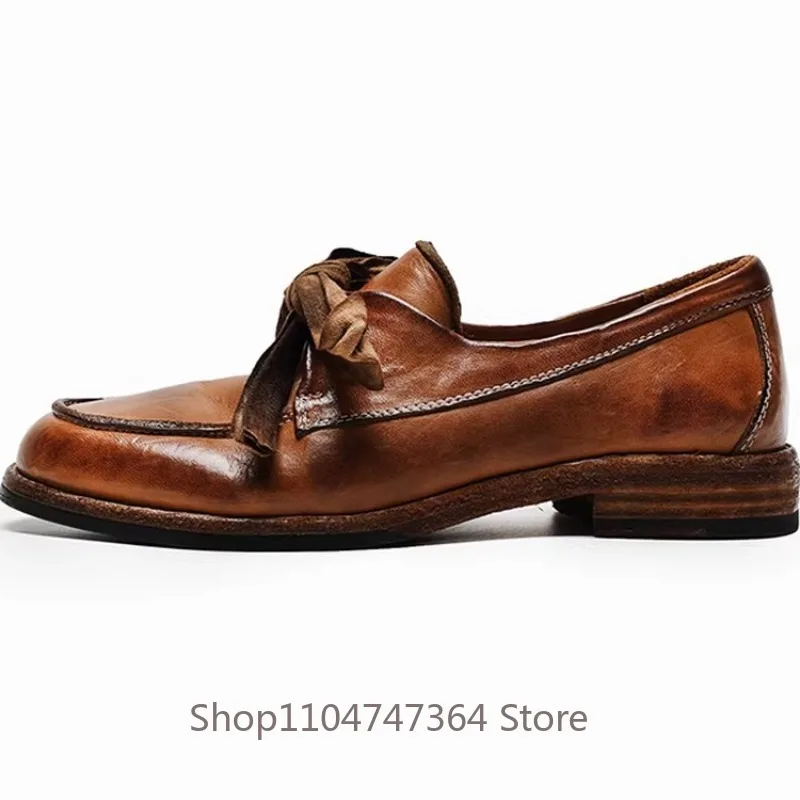 High End Retro Ribbon Bow Loafers Soft Sole Washed Handmade Women's Shoes Genuine Leather Fashion Dress Leather Shoes Female