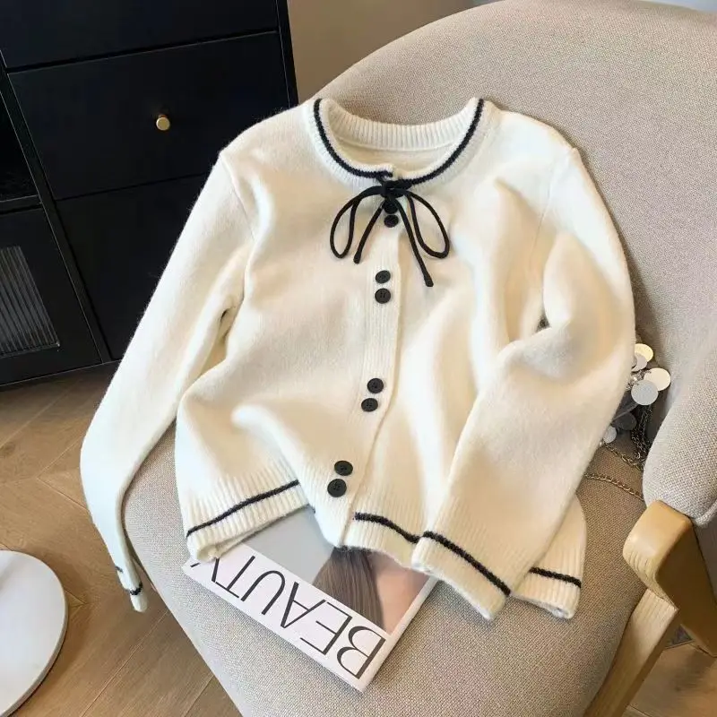 Spring Autumn Loose Bow Cardigan Sweater For Women Gentle Temperament Show Thin Knitted Single Breasted Splicing Color Top Cloth