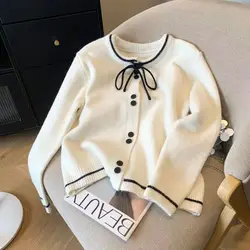 Spring Autumn Loose Bow Cardigan Sweater For Women Gentle Temperament Show Thin Knitted Single Breasted Splicing Color Top Cloth