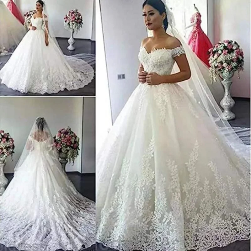 

European and American Style Lace Wedding Dress2024New off-Shoulder Main Wedding Dress plus Size Trailing Dress Factory in Stock