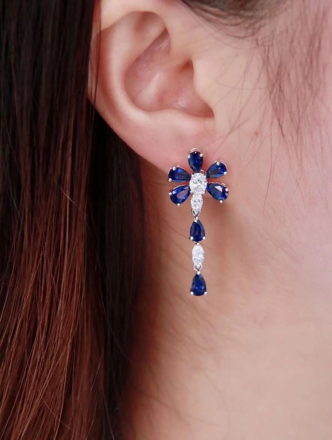 New Boho Tassel Flower Earrings For Women With 925 Stamps Fashion Sapphire Blue Zircon Earrings Party Birthday Jewelry Gift