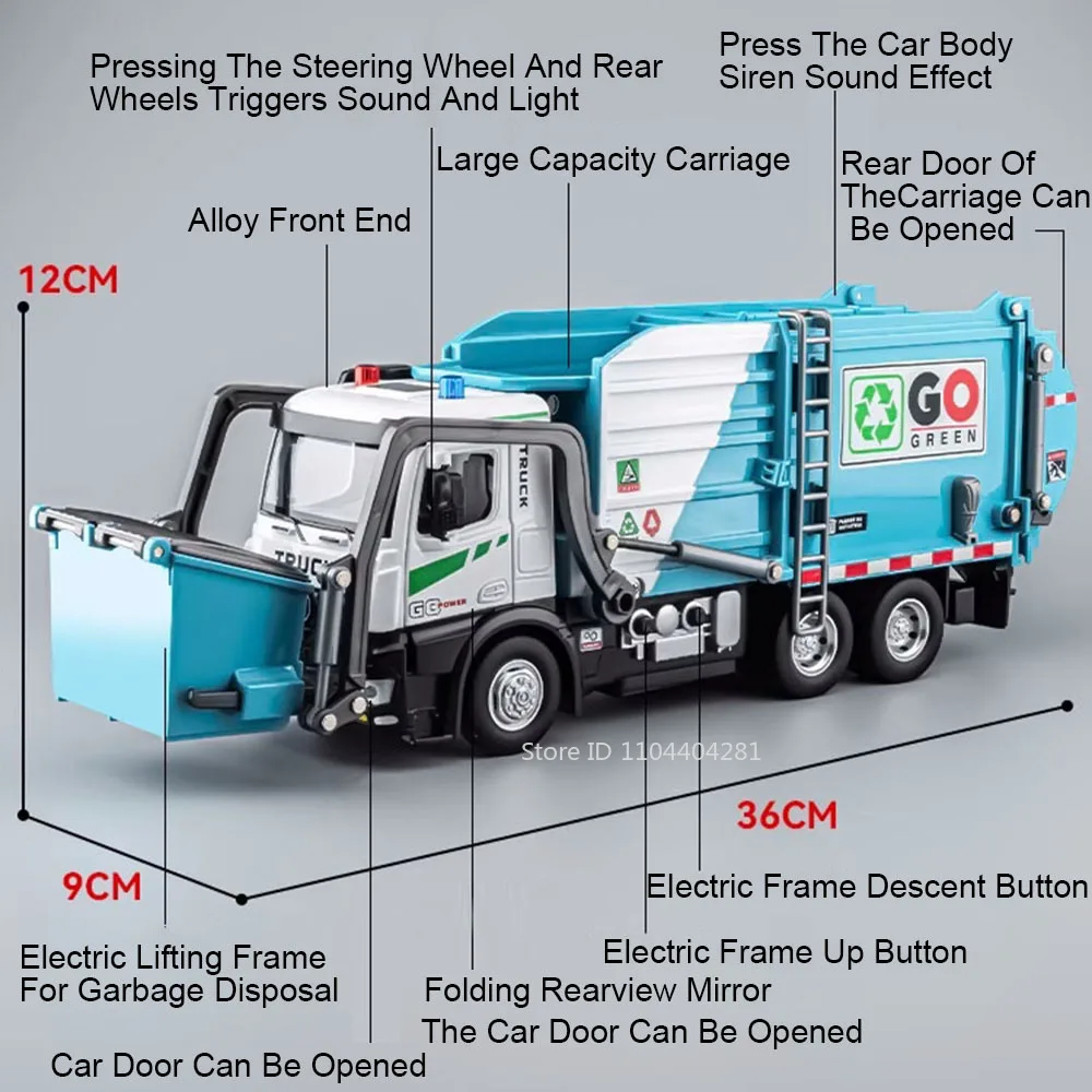 1:18 Electric Sanitation Garbage Truck Toy Cars Model Alloy Water Tanker Diecast Light Sound Vehicle Children's Educational Toys