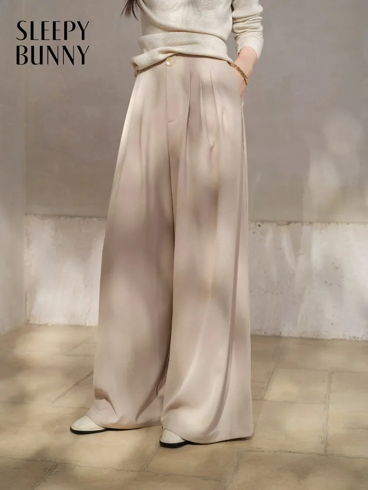 

Women Casual Wide Leg Suit Pants Mid Waist Spring Petite Loose Draping Floor Length Trousers for Lady Versatile Commute Outfits
