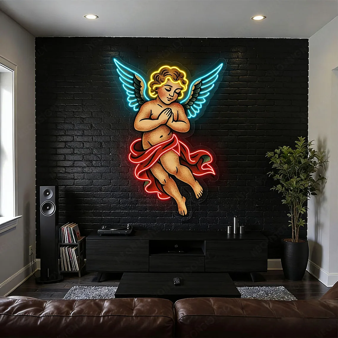 Neon z nadrukiem UV Cherub Angel, Kolorowy neon z modlącym się aniołem, Neon z anielskim skrzydłem, Neon z aniołem stróżem, Neon z cherubinem
