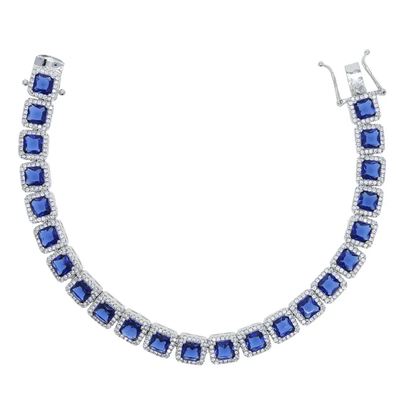 Hip Hop 5A+ Blue CZ Stone Paved Bling Iced Out Square Zircon Tennis Link Chain Bracelets for Men Rapper Jewelry Silver Color