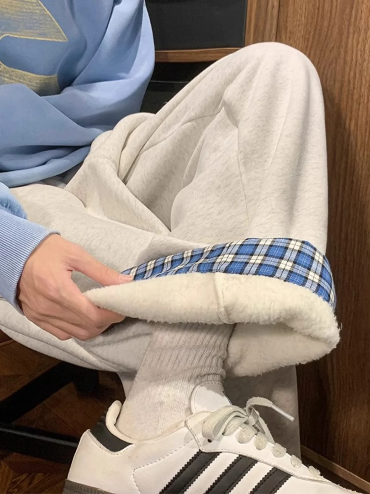 

American Plaid Thiened Warm Women's Lamb Velvet Sweatpants High Waist Slimming Windproof Long Straight Leg Pants