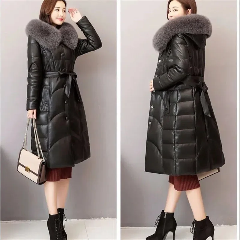 2022 Black Leather Fur Overcoat Women Imitation Fox Fur Collar Long Fashion Hooded Coats PU Leather Cotton Coat Belt Outerwear