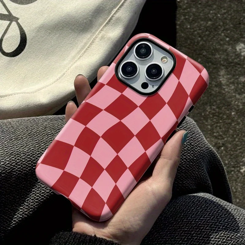 

Stylish Red Checkered, Simple Dual Layer Protection Phone Case for IPhone16ProMax 15P 13 11 12 XS 8PLUS 7 Glossy 2in1 Case