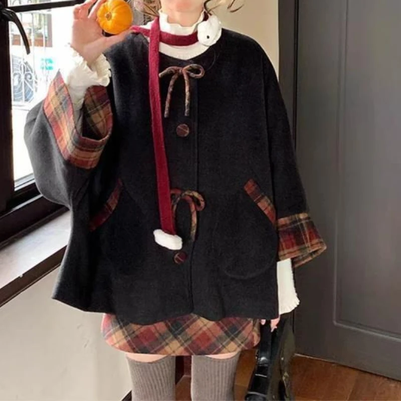 

Winter Removable Color Matching Hat Padded Woolen Jacket + Plaid Skirt