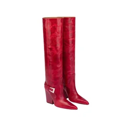 Ladies' Autumn and Winter Long Boots with Square Toe, Thick Heel, One Foot, Belt Buckle, Sleeve, Large Size, Knee High Boots