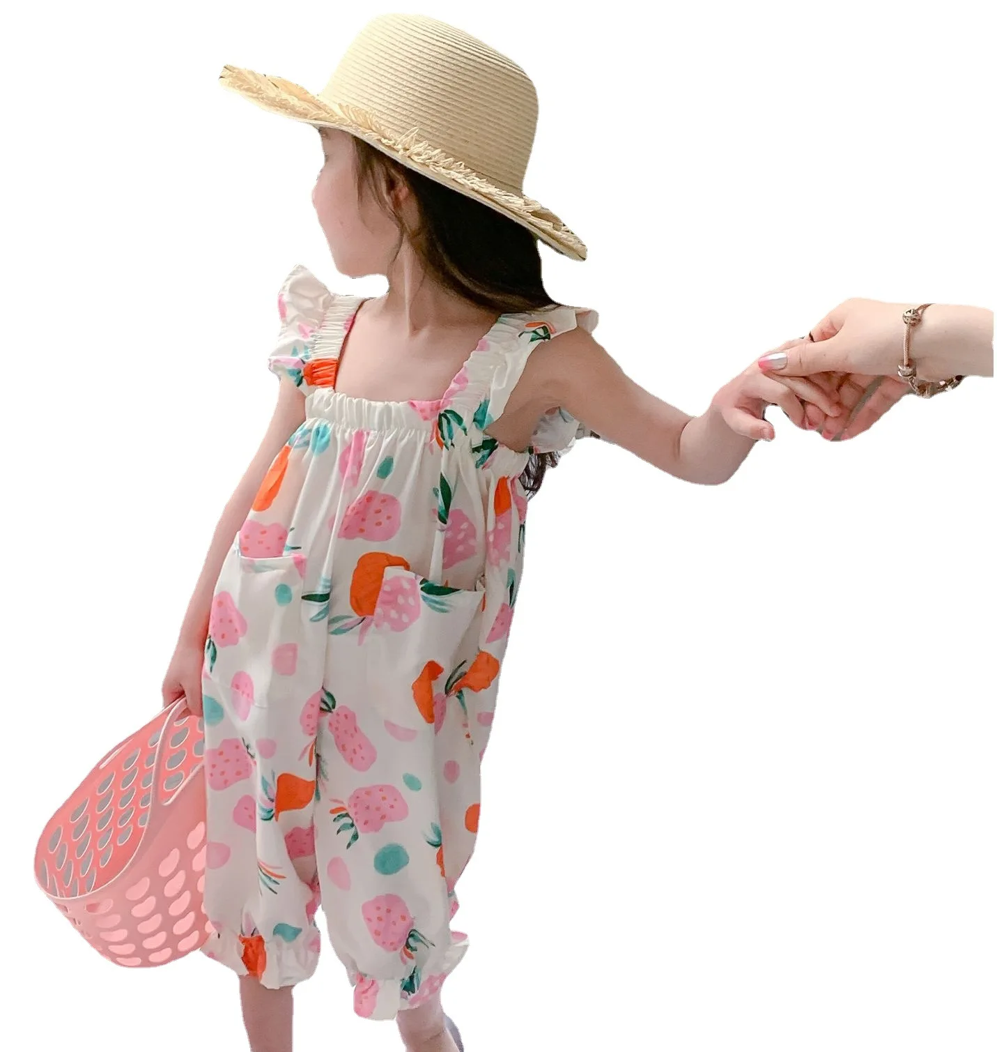 Girls\' Jumpsuit Fruit Fly Sleeved Overall For Baby Kids Capris With Pocket 2023 New Summer Casual Rompers Children Clothing