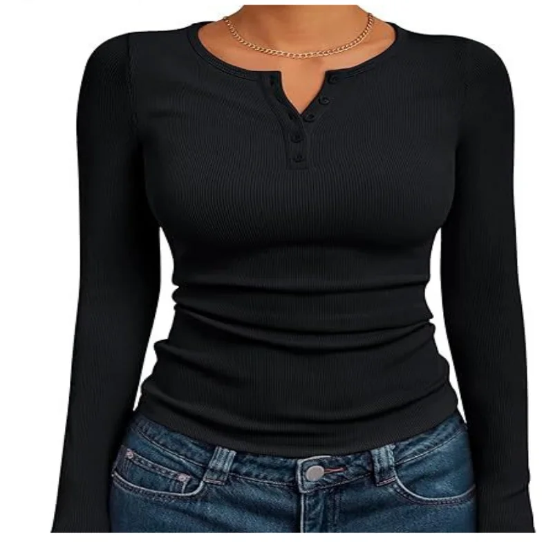 

Women Autumn Spring Top O Neck Button Long Sleeve Slim Fit Pullover Soft Breathable Elastic Simple Style Women T-shirt Blouse