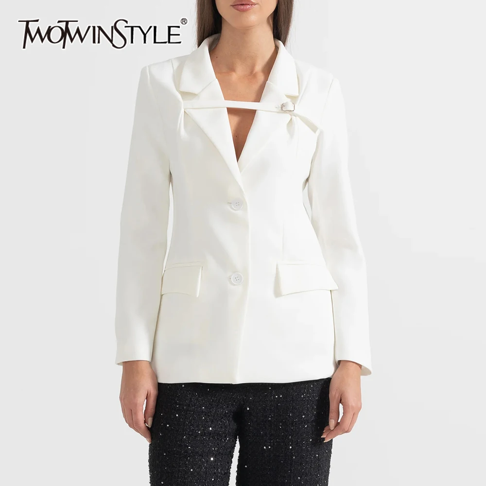 

TWOTWINSTYLE Solid Elegant Patchwork Pocket Blazer For Women Notched Collar Long Sleeve Spliced Button Formal Blazers Female New