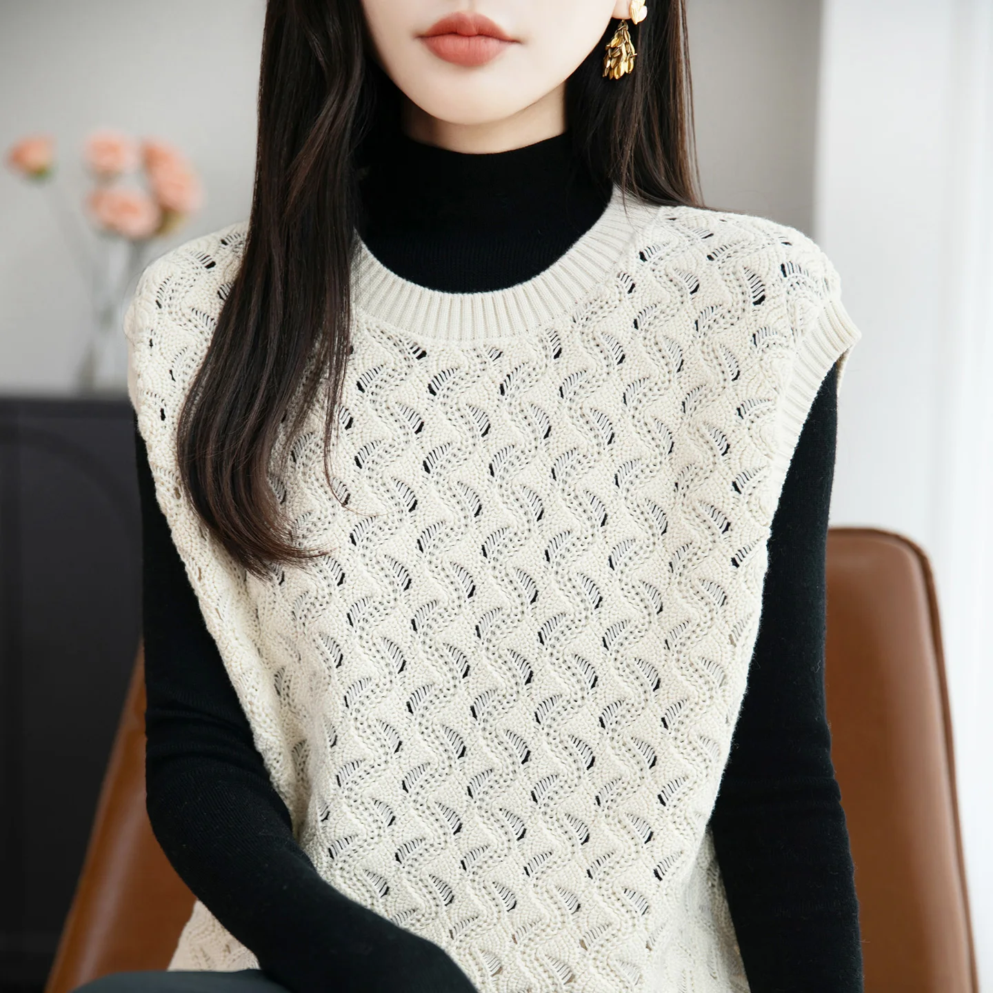 

100% Pure Cotton Sweater Women's Round Neck Knitted Vest Fashion Lace Up Sleeveless Shoulder Loose T-Shirt Autumn Winter Pullove