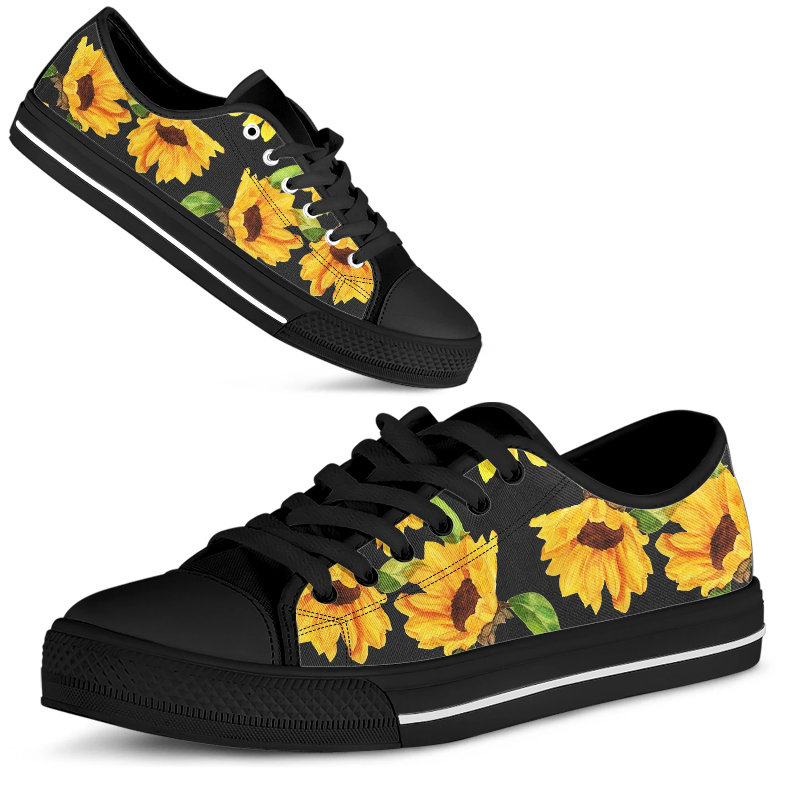 ELVISWORDS Sunflower Shoes For Women Black Soft Sole Floral Sneakers Comfortable Lace-up Summer Sneakers Zapatos Planos De Mujer