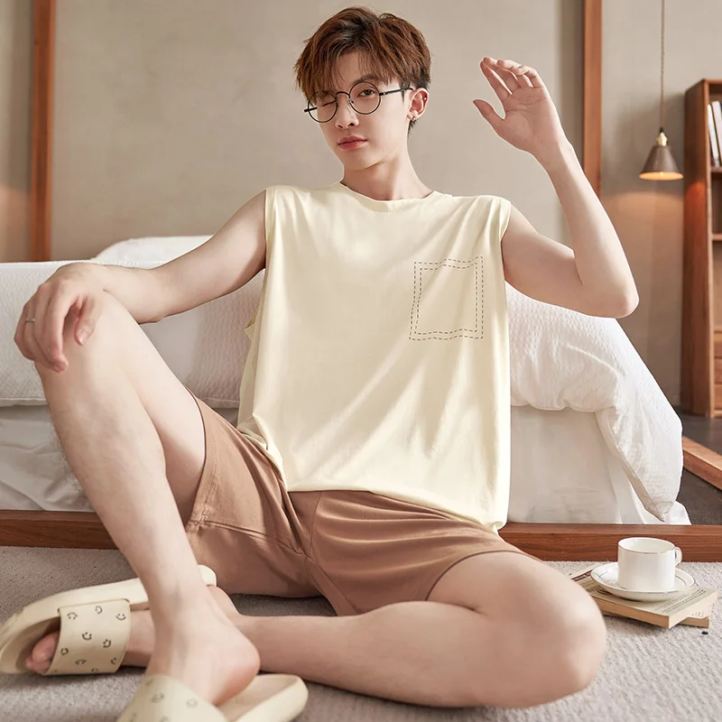 Modal Vest Pajamas Set Men Pyjamas Sleepwear Loose Summer Pijamas Hombre Sleeveless Home Clothes Short Pants Night Suit For Male