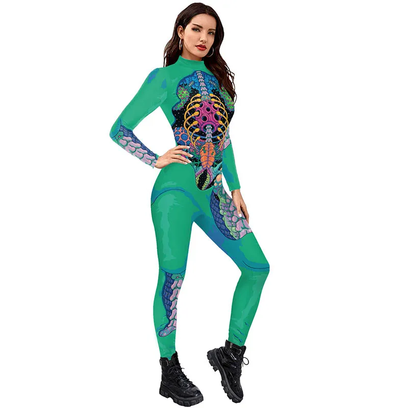 Mono con patrón de esqueleto elegante para mujer, traje verde de cosplay para Halloween, mono de carnaval, traje de fiesta Zentai para adultos, mamelucos