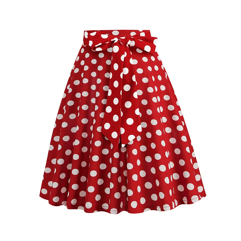 50s Pinup Vintage Polka Dot Rockabilly Swing Skirts Women Spring Summer Retro Belted High Waist A-Line Flare Skirt