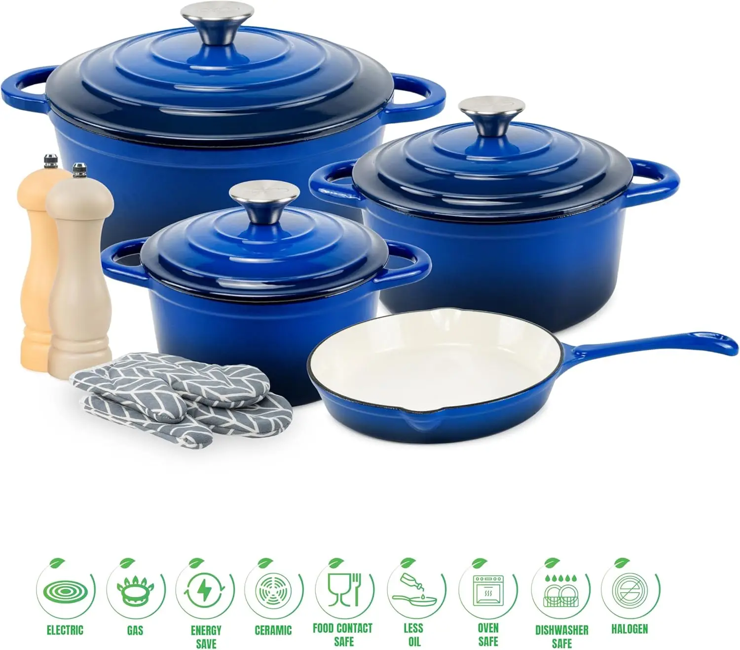 

Healthy and Safe, Non-Stick Enameled 7-PCS SET of Cast Iron Dutch Oven Cookwares. Set includes: 24cm Dutch Oven Fry Pan, 18cm, 2