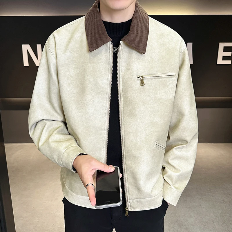 High-Quality Fashionable Casual PU Leather Jacket with Color Block Collar for Men Youth Autumn Season All-Match Outerwear