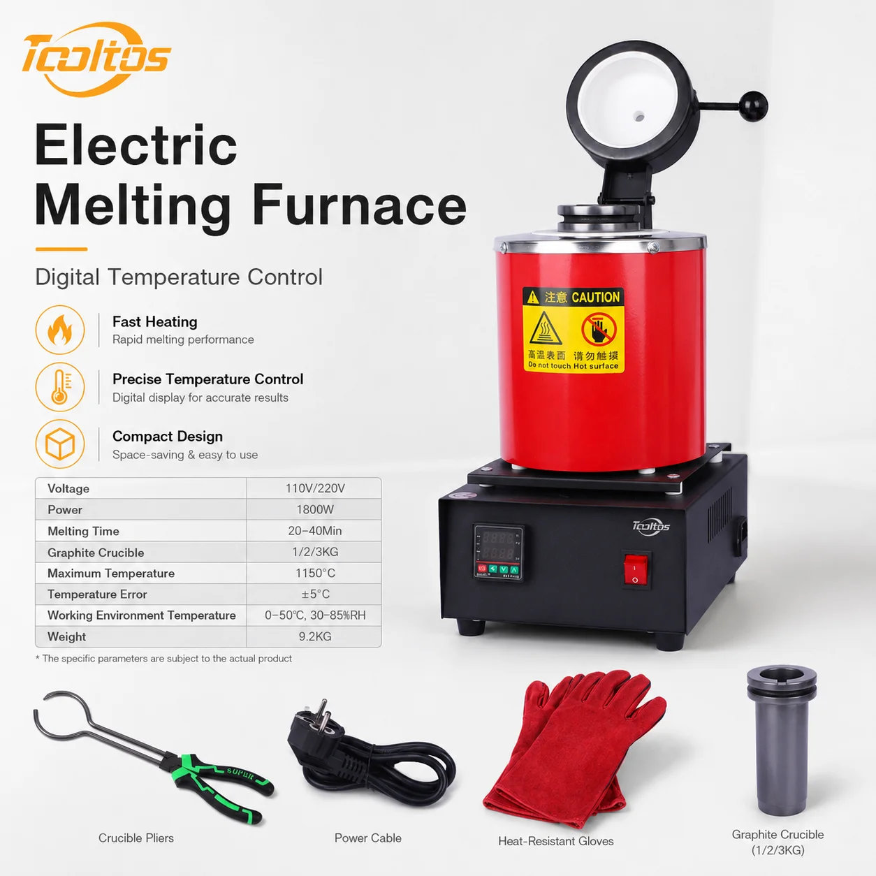Fourneau de fusion numérique TOOLTOS 1800W pour l'or, 1150°C, avec creuset en graphite pour l'or, l'argent et le cuivre