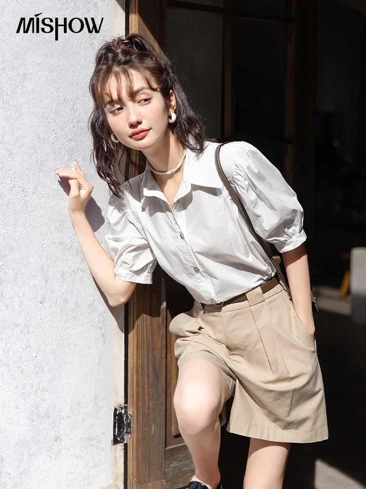 MISHOW Shirts for Women Summer French Polo Collar Puff Short Sleeves Single-breasted Blouse Office Lady Solid Tops MXB29C0540