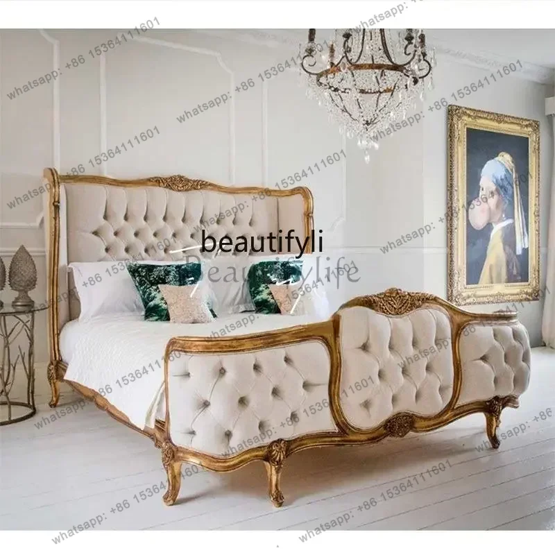 XX39American-Style Solid Wood Double Bed French Retro Distressed Carved Marriage Bed Fabric Pull Buckle Large Ear Bed