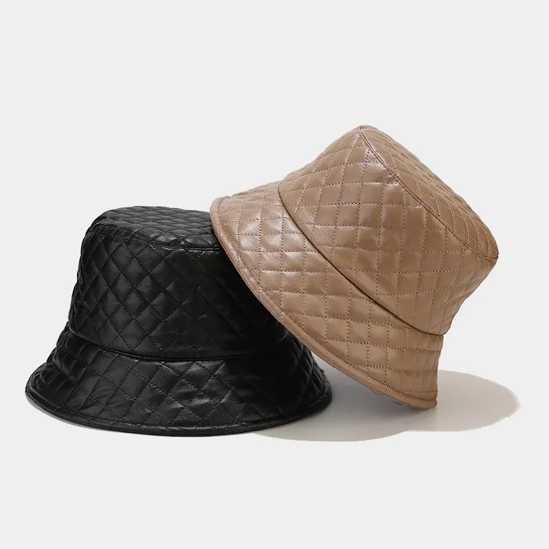 Korean PU soft leather check fisherman hat female autumn-winter vintage warm sunshade hat show face small basin hat tide