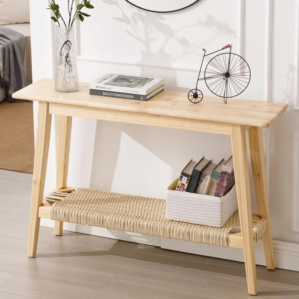 

Entryway Table, Farmhouse Natural Console Table with Rattan Storage Shelf Wood Rustic Narrow Entrance Table 46 Boho Sofa Ta