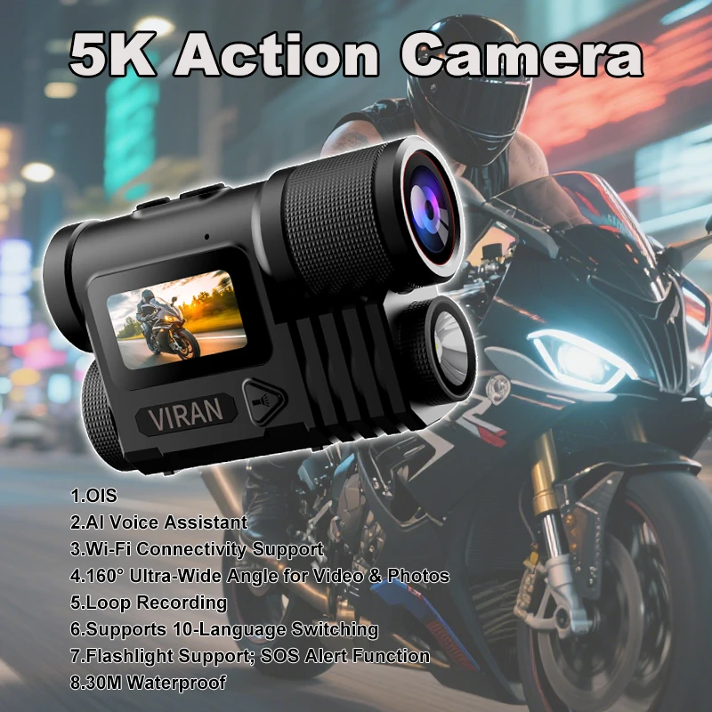 Action Camera 5K WiFi AI Voice Assistant with 128G Memory Card OIS  30M Waterproof Action Sport Cam Bicycle Helmet Motorcycles