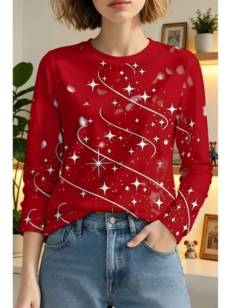 Women Blouses Red Christmas Star Print Round Neck Long Sleeve Shirts Ladies Xmas Holiday Party Casual Loose Tops Blouses Autumn