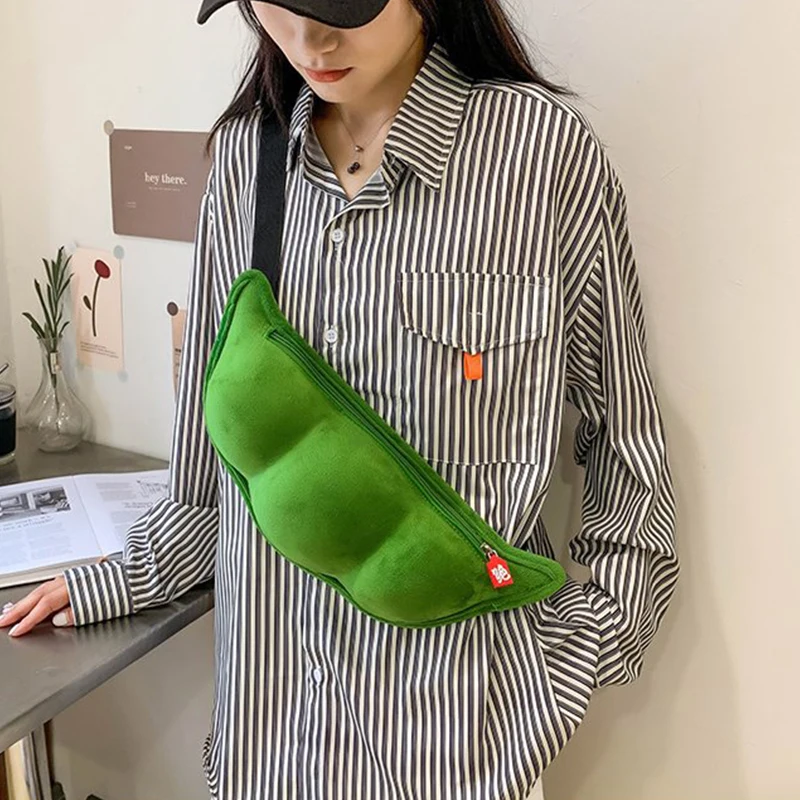 

2025 Personality Creative Edamame Shape Ladies Messenger Bag Plush Pea Shoulder Bag Fun and Funny Chest Bag for Travel To Work
