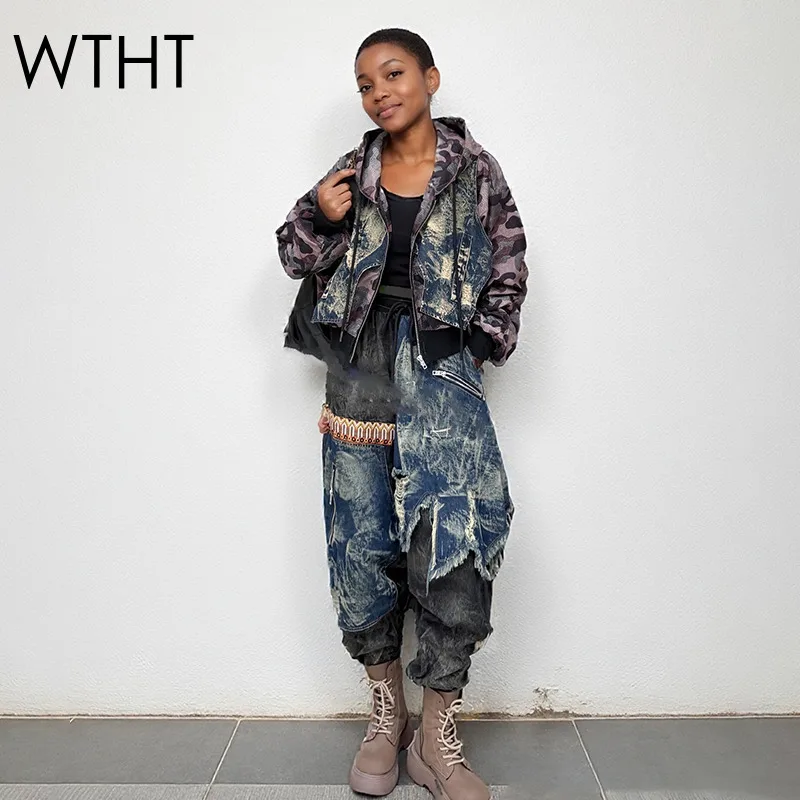 WTHT, chaqueta vaquera holgada con capucha de camuflaje empalmado para mujer, pantalones vaqueros holgados con cintura elástica para mujer, otoño 2025 1LS2492