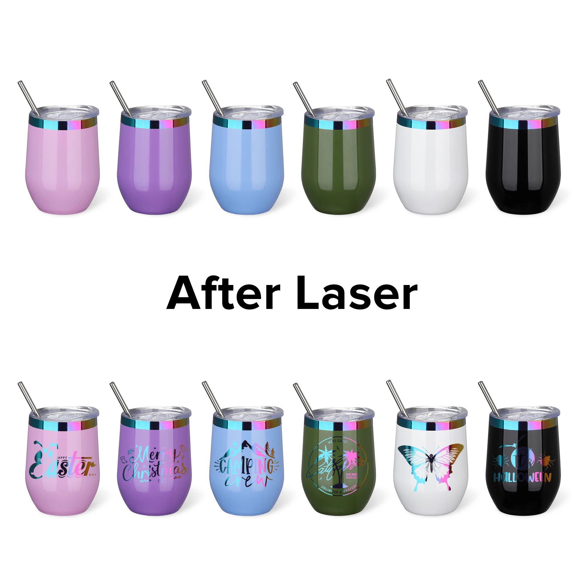 12 Pack 12 oz With Cap Stainless Steel Insulated Stemless Double Wall Vacuum Wine Glass, for Laser Engraving Gifts, 6 Colors view 5