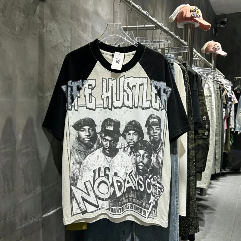 Hip Hop Portrait Print Life Hustlers Tshirt Rhinestone Letter Color-blocking Round Neck Off Shoulder Short Sleeve Men Women Tee