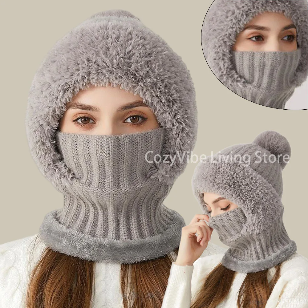 

New Winter 2 in 1 Knit Hat Women Wide Brim Round Top Thickened Fleece Neck Gaiter Windproof Warm Cap Cold Resistant Accessory