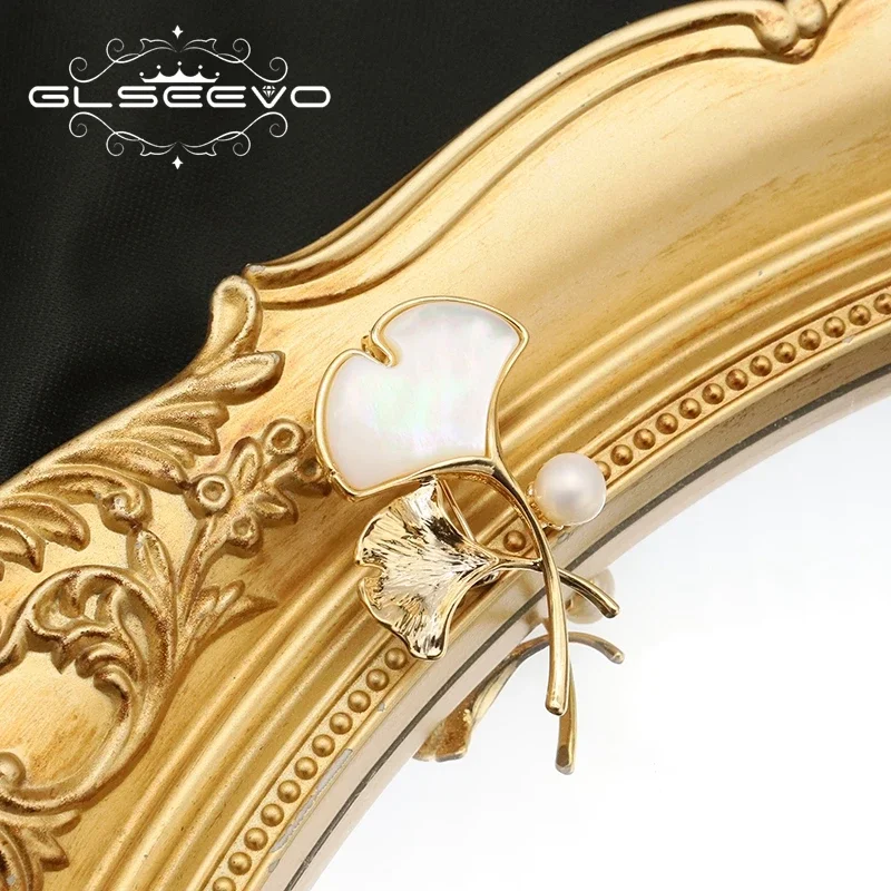 GLSEEVO Vintage Personality Corsage Inlaid Natural White Shell Ginkgo Leaf Brooch Plant Pin Brooch Wedding Accessories Gift