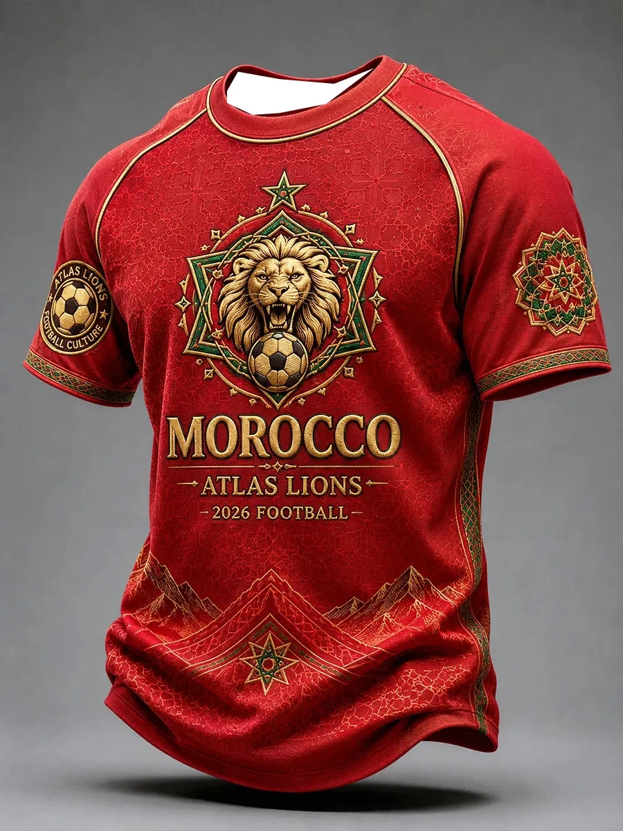 2026 New Moroccan Style 3D Printed Football Fan T-Shirt Men's Short-Sleeved T-Shirt Women's T-Shirt Sport Shirt Streetwear Y2k