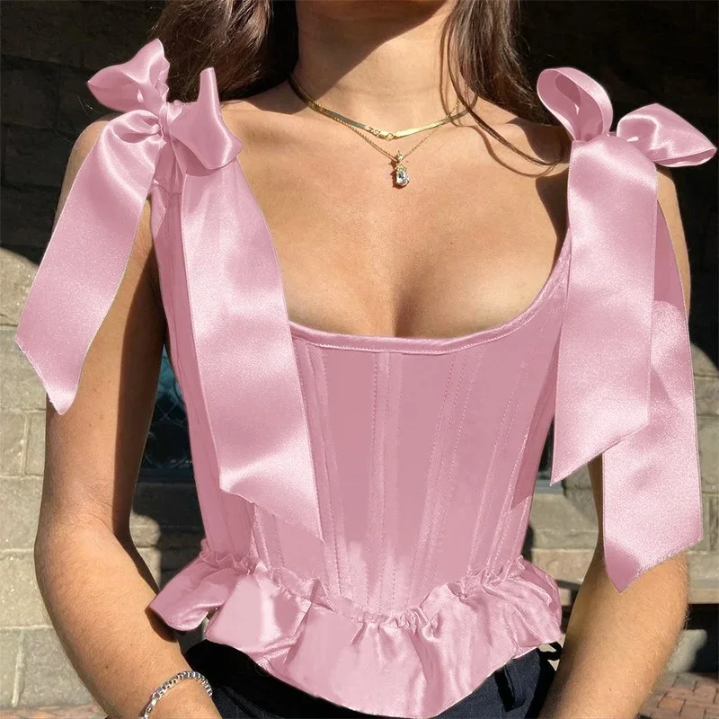Retro Camisole Fashion Court Style Y2K Blouse Womens Clothing Sweet Green Ruffles Elegant Silk Lace-up Waist Sexy Fishbone Sling