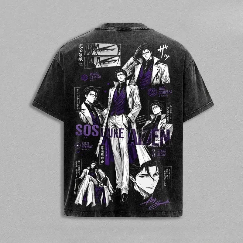 Aizen Sousuke BLEACH Retro T Shirt Harajuku Vintage Washed Streetwear Men Clothing High Quality Cotton Casual Oversized T-shirt