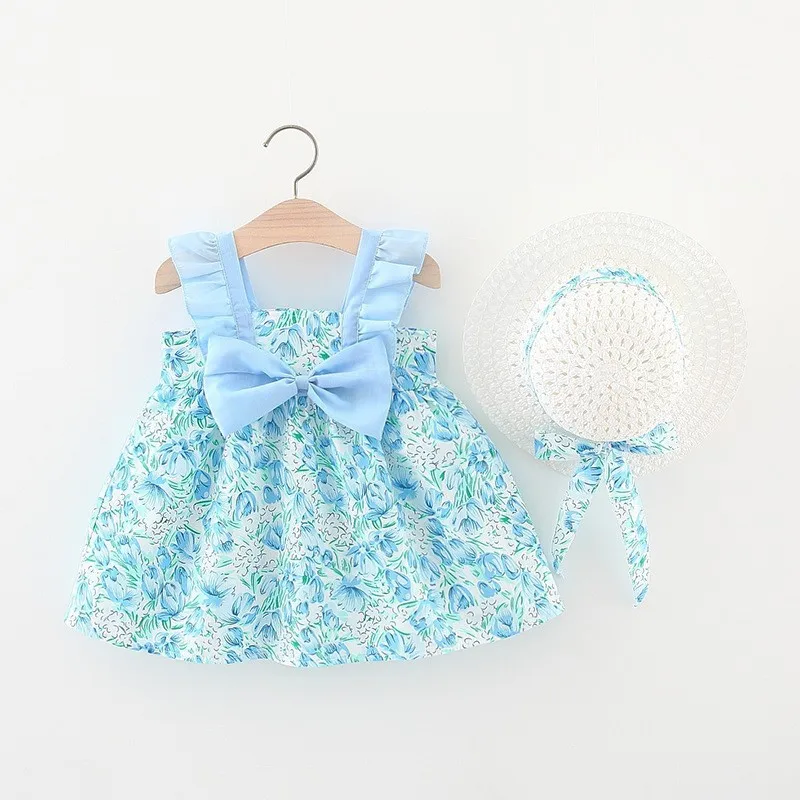 

Summer baby girl's dress back bow garden small floral suspender knee-length daily skirt cap