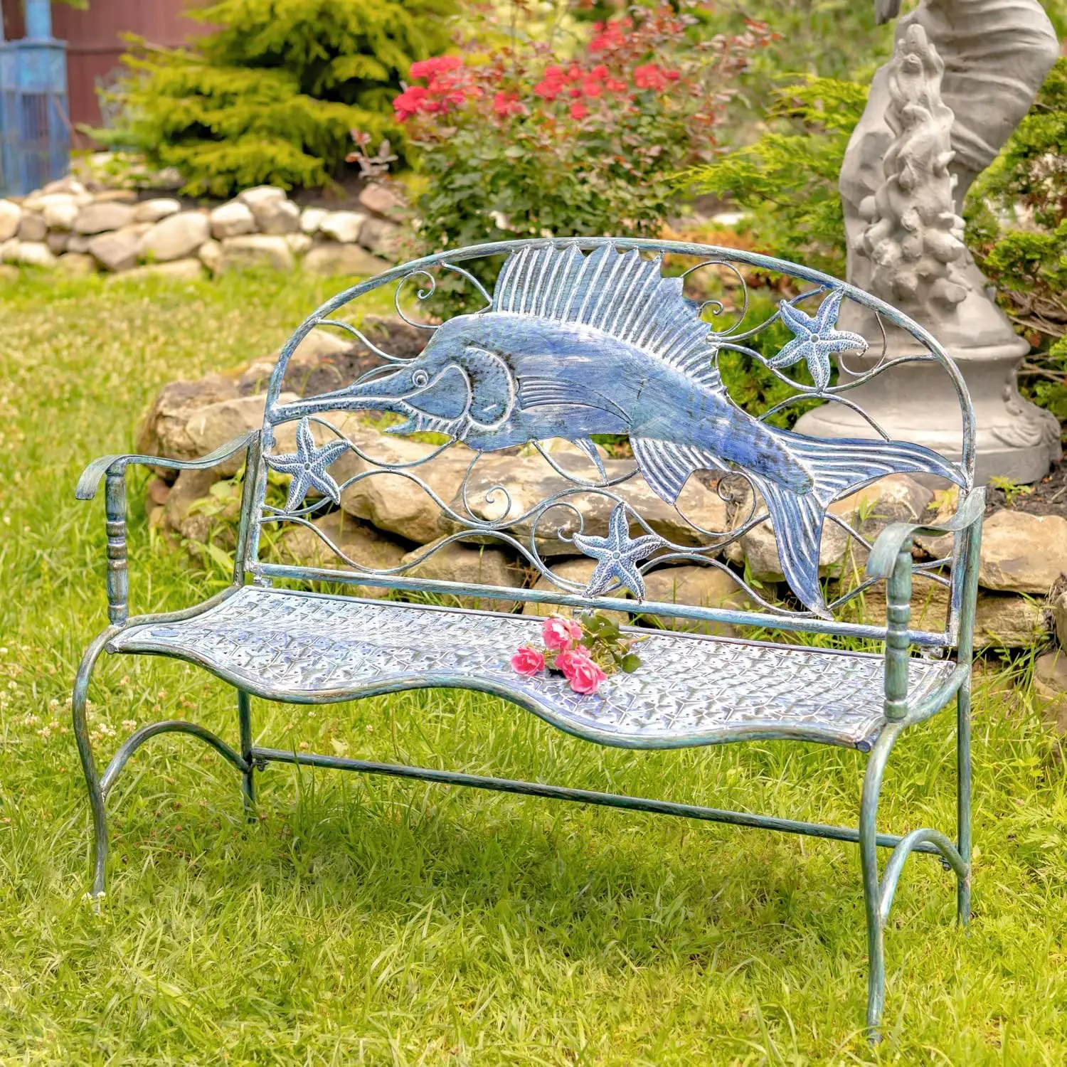 Lesera Ltd. Coastal Blue Metal Furniture Collection BenchArm Chair (Swordfish Bench)