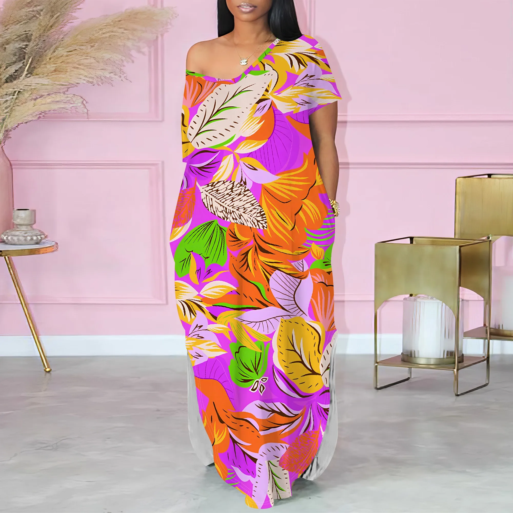 

Women's Summer Fashion Printed Short-Sleeved One-Shoulder V Neck for Women Loose Two-side Slits Casual Maxi Dress With Pocket