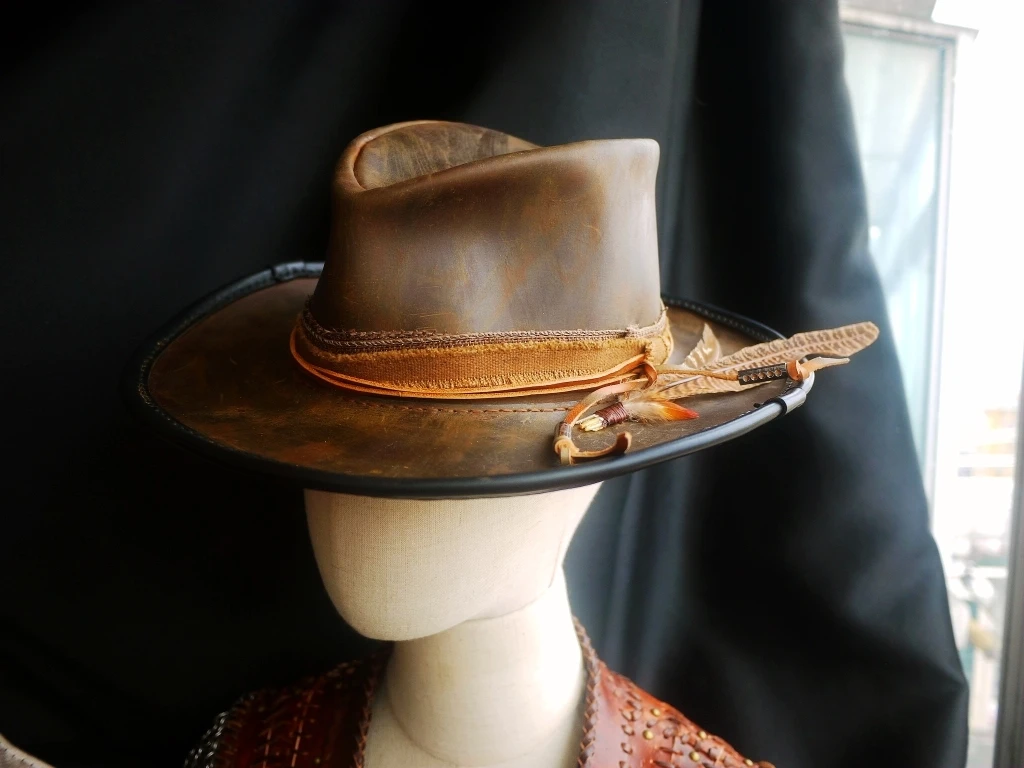 Handmade cowhide western gambler hat wilderness wind dead redemption hat special distressed crazy horse leather genuine denim