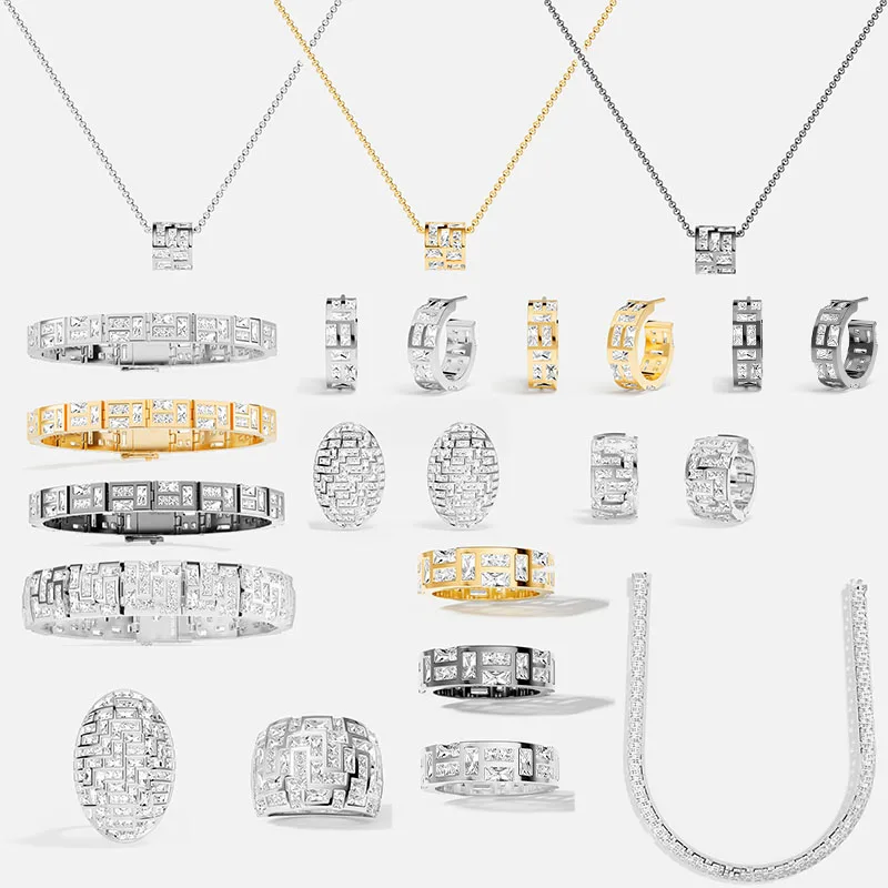 

LIDU New 925 Silver Ice Cube Earrings, Necklace, Bracelet And Ring Are Simple And Modern Jewelry For Women's Luxury Designers